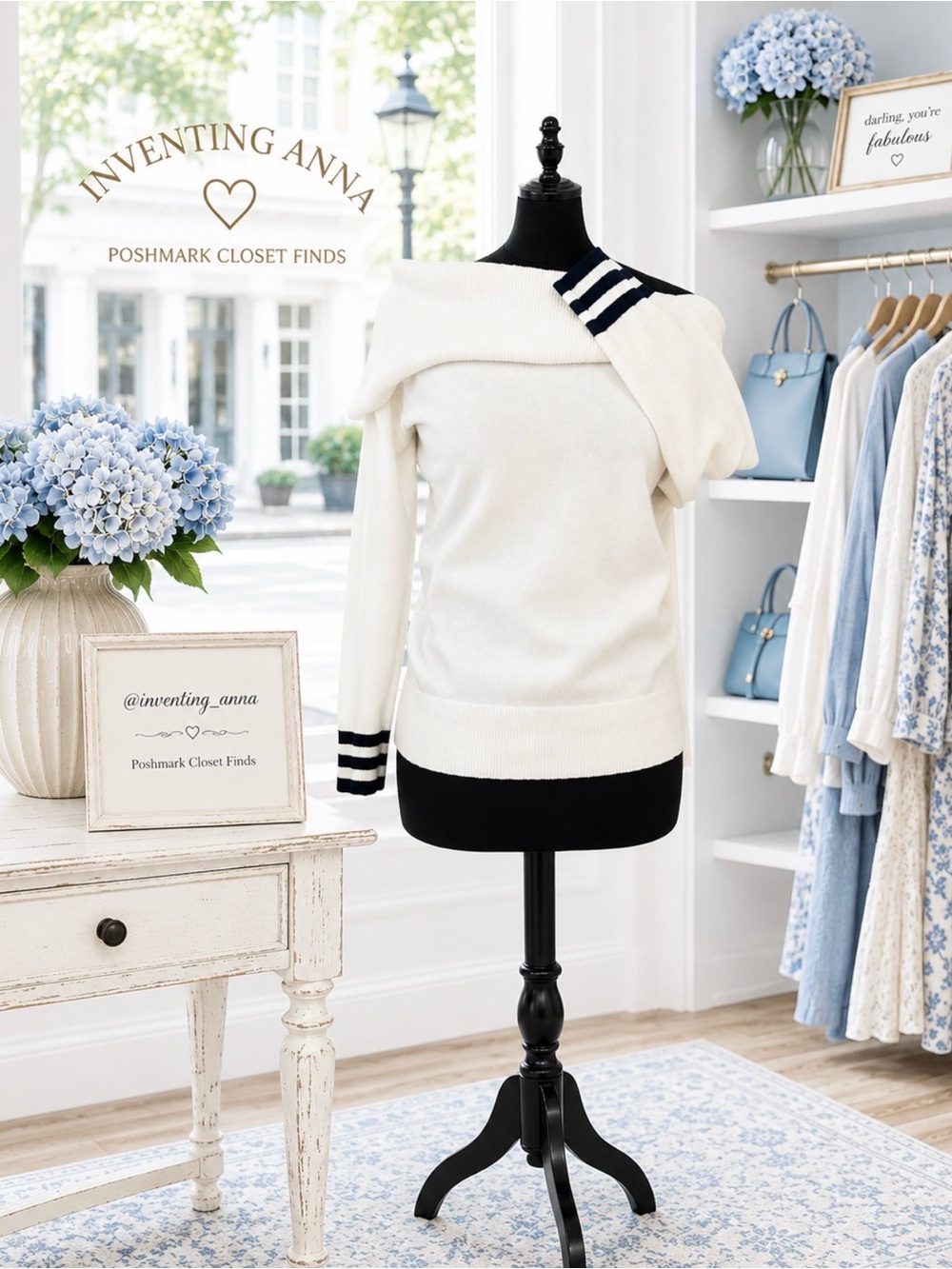 TOMMY HILFIGER Off-White Sweater w/Navy Blue Stripes with added Sparkling